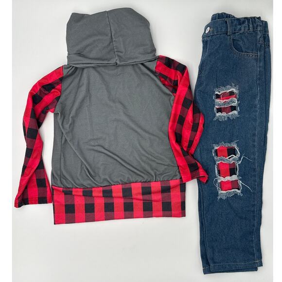 Sparkle in Pink | Cowel neck & Jeans Set | Girls 7/8 | Gray Red Black | plaid - Picture 6 of 6